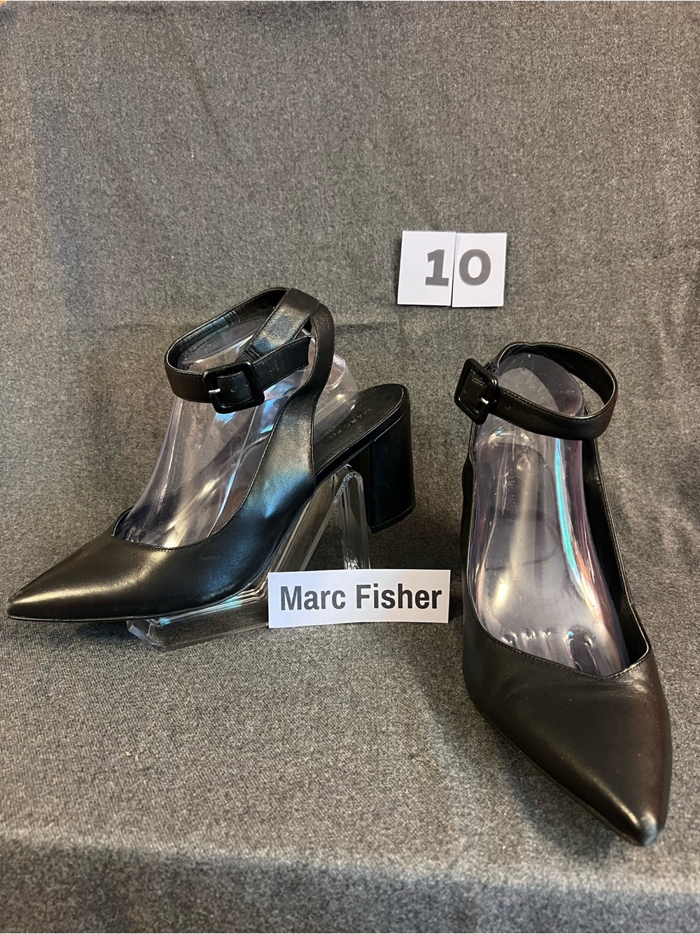 Marc Fisher Black Pointed-Toe Ankle-Strap Block Heels